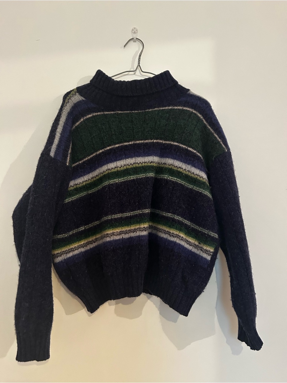 Striped Crewneck Wool Sweater in Navy, Green and Gray